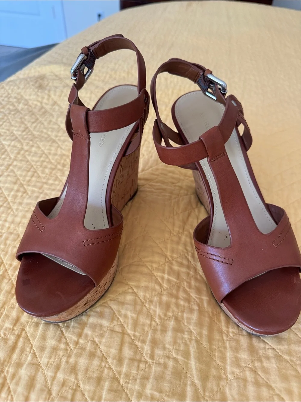Marc Fisher Cognac Leather Cork Wedge Sandals
